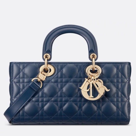 Replica Borsa Dior Lady D-Joy Media Cannage Blu Imitazioni Falso