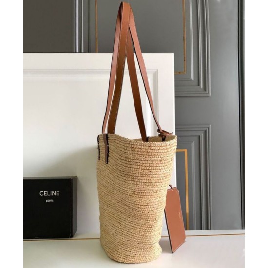 Borsa Celine Classic Panier Media replica Celine in rafia e vitello replica Celine 114342 Caffè