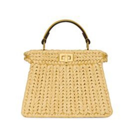 Replica Borsa Fendi Peekaboo Sabbia in Pelle e Fibre Intrecciate 8BN335 Albicocca Imitazioni Falso