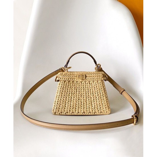 Replica Borsa Fendi Peekaboo Sabbia in Pelle e Fibre Intrecciate 8BN335 Albicocca Imitazioni Falso