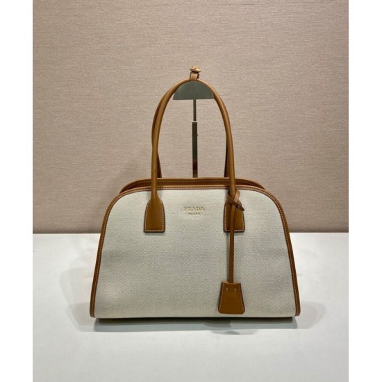 Replica Borsa tote media Prada in misto lino 1BG572 Caffè Imitazioni Falso