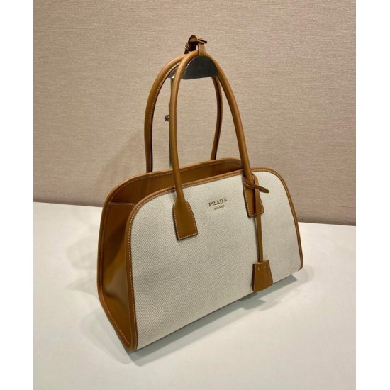 Replica Borsa tote media Prada in misto lino 1BG572 Caffè Imitazioni Falso