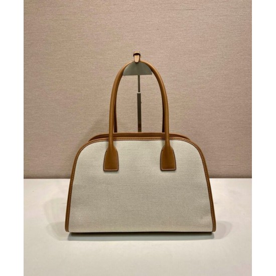 Replica Borsa tote media Prada in misto lino 1BG572 Caffè Imitazioni Falso