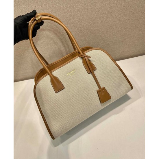 Replica Borsa tote media Prada in misto lino 1BG572 Caffè Imitazioni Falso