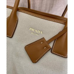 Replica Borsa tote media Prada in misto lino 1BG572 Caffè Imitazioni Falso