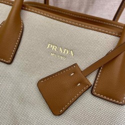 Replica Borsa tote media Prada in misto lino 1BG572 Caffè Imitazioni Falso