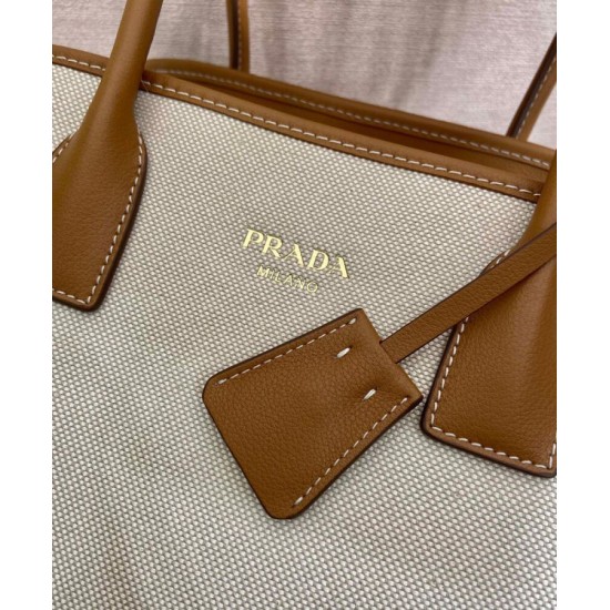 Replica Borsa tote media Prada in misto lino 1BG572 Caffè Imitazioni Falso