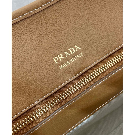 Replica Borsa tote media Prada in misto lino 1BG572 Caffè Imitazioni Falso