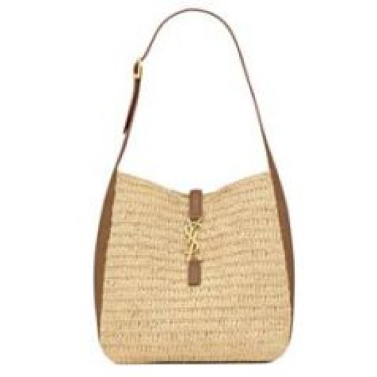 Replica Borsa piccola YSL Saint Laurent Le 5 A 7 Supple in rafia Caffè Imitazioni Falso