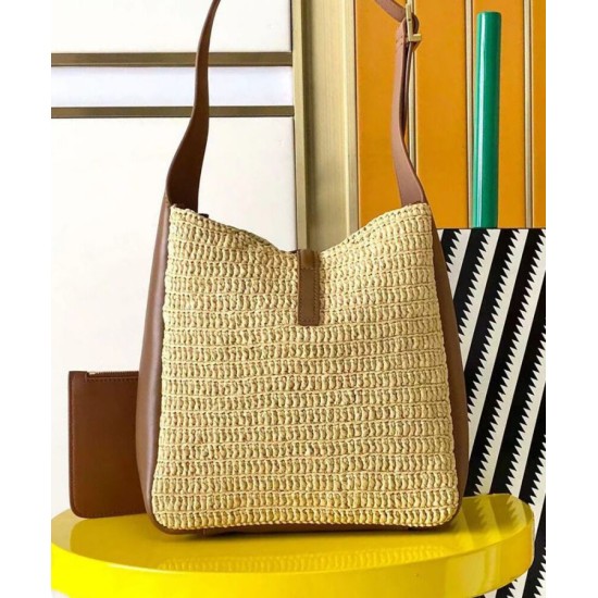 Replica Borsa piccola YSL Saint Laurent Le 5 A 7 Supple in rafia Caffè Imitazioni Falso