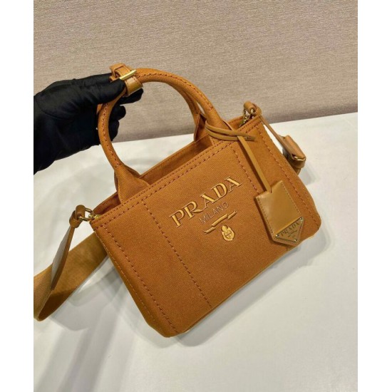 Replica Borsa a mano Prada Jardiniere Mini in tela di cotone Caffè imitazione False Online