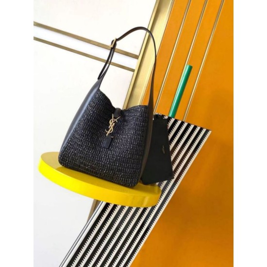 Replica Borsa a tracolla piccola Saint Laurent Le 5 À 7 morbida in rafia nera