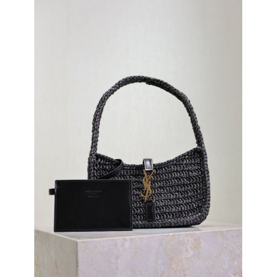 Replica Mini borsa hobo Saint Laurent Le 5 À 7 in rafia nera