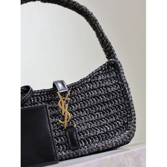 Replica Mini borsa hobo Saint Laurent Le 5 À 7 in rafia nera