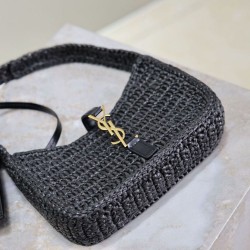 Replica Mini borsa hobo Saint Laurent Le 5 À 7 in rafia nera