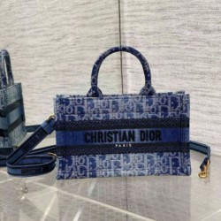 Migliore Repliche Dior Mini Book Tote con Tracolla Blu Denim Oblique Jacquard Economiche Outlet Online