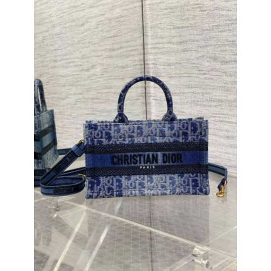 Migliore Repliche Dior Mini Book Tote con Tracolla Blu Denim Oblique Jacquard Economiche Outlet Online
