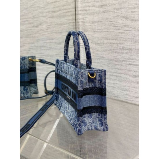 Migliore Repliche Dior Mini Book Tote con Tracolla Blu Denim Oblique Jacquard Economiche Outlet Online