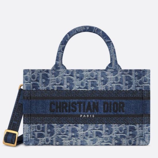 Migliore Repliche Dior Mini Book Tote con Tracolla Blu Denim Oblique Jacquard Economiche Outlet Online