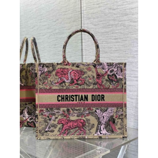 Migliore Repliche Borsa Dior grande Dioriviera Book Tote in rafia con ricamo Toile de Jouy Sauvage rosa Economiche Outlet Online