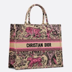 Migliore Repliche Borsa Dior grande Dioriviera Book Tote in rafia con ricamo Toile de Jouy Sauvage rosa Economiche Outlet Online