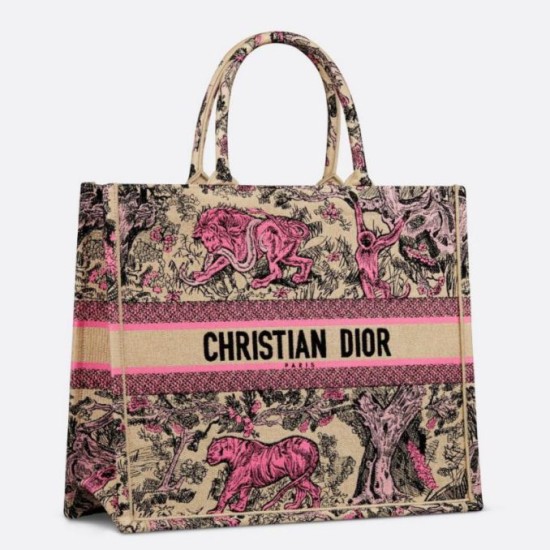 Migliore Repliche Borsa Dior grande Dioriviera Book Tote in rafia con ricamo Toile de Jouy Sauvage rosa Economiche Outlet Online