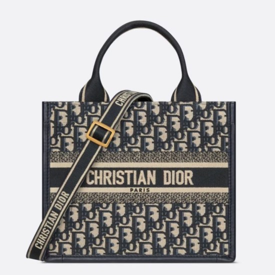 Miglior Falso Borsa tote Dior piccola per libri con tracolla in tela blu Dior Oblique Economiche Premium