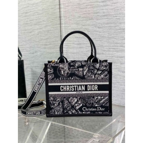 Replica perfetta Borsa Dior piccola Book Tote con tracolla Ricamo Plan de Paris e pelle di vitello nera Imitazione Outlet Online