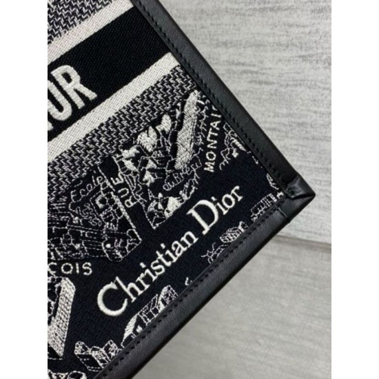 Replica perfetta Borsa Dior piccola Book Tote con tracolla Ricamo Plan de Paris e pelle di vitello nera Imitazione Outlet Online