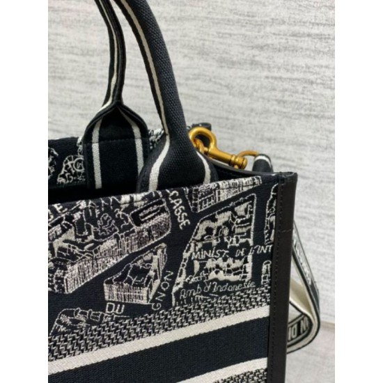 Replica perfetta Borsa Dior piccola Book Tote con tracolla Ricamo Plan de Paris e pelle di vitello nera Imitazione Outlet Online