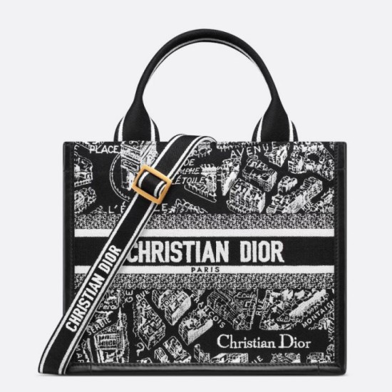 Replica perfetta Borsa Dior piccola Book Tote con tracolla Ricamo Plan de Paris e pelle di vitello nera Imitazione Outlet Online