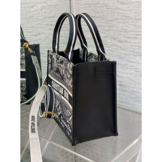 Replica perfetta Borsa Dior piccola Book Tote con tracolla Ricamo Plan de Paris e pelle di vitello nera Imitazione Outlet Online