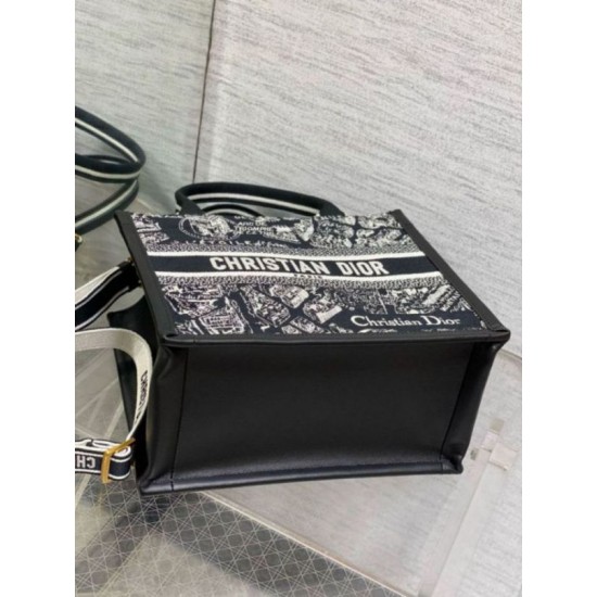 Replica perfetta Borsa Dior piccola Book Tote con tracolla Ricamo Plan de Paris e pelle di vitello nera Imitazione Outlet Online