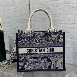 Migliore Repliche Borsa Dior piccola Book Tote con tracolla Ricamo Toile de Jouy Reverse e pelle di vitello blu Economiche Outlet Online