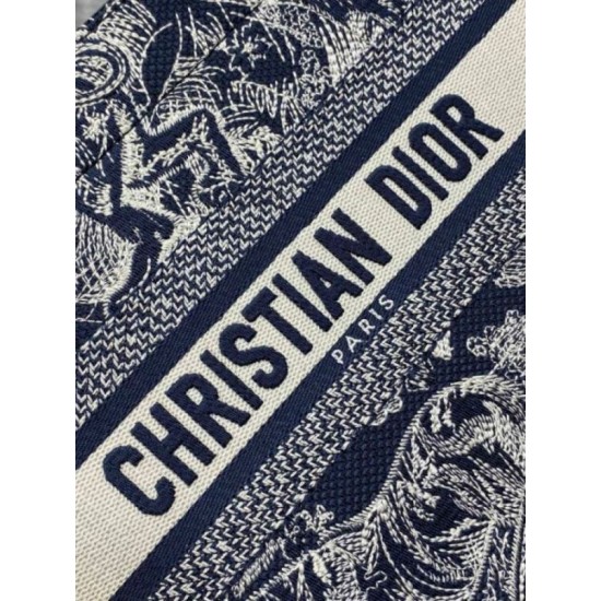 Migliore Repliche Borsa Dior piccola Book Tote con tracolla Ricamo Toile de Jouy Reverse e pelle di vitello blu Economiche Outlet Online