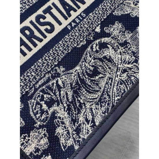 Migliore Repliche Borsa Dior piccola Book Tote con tracolla Ricamo Toile de Jouy Reverse e pelle di vitello blu Economiche Outlet Online