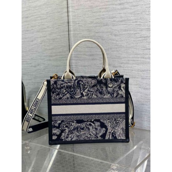 Migliore Repliche Borsa Dior piccola Book Tote con tracolla Ricamo Toile de Jouy Reverse e pelle di vitello blu Economiche Outlet Online