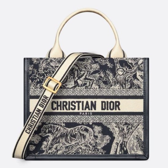 Migliore Repliche Borsa Dior piccola Book Tote con tracolla Ricamo Toile de Jouy Reverse e pelle di vitello blu Economiche Outlet Online