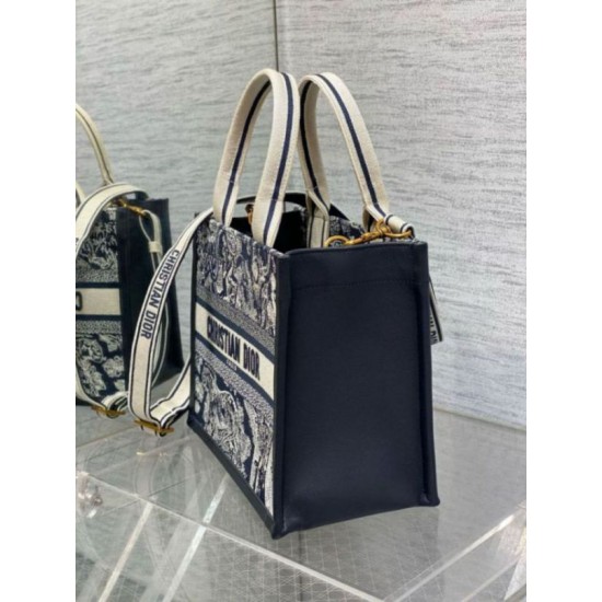 Migliore Repliche Borsa Dior piccola Book Tote con tracolla Ricamo Toile de Jouy Reverse e pelle di vitello blu Economiche Outlet Online