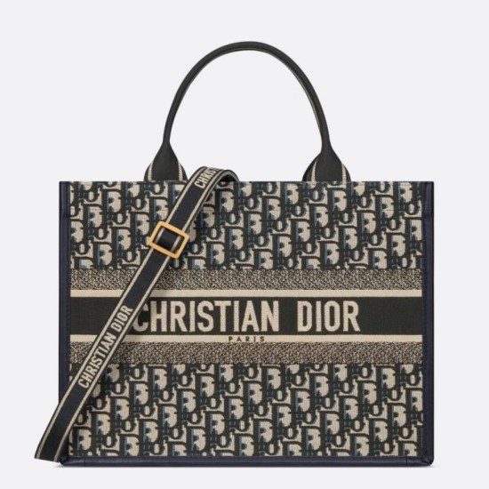 Replica perfetta Borsa tote Dior media per libri con tracolla in tela blu Dior Oblique Imitazione Outlet Online