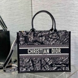 Migliore Repliche Dior Medium Book Tote Bag con tracolla Plan de Paris Embroidery e pelle di vitello nera Economiche Outlet Online