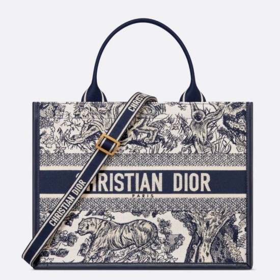Perfette Qualità Repliche Dior Media Book Tote Bag con Tracolla Blu Ricamo Toile de Jouy Sauvage Imitazione
