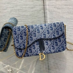 Migliore Repliche Borsa a Tracolla Dior Saddle Chain Jacquard Blu Denim Obliquo Economiche Outlet Online