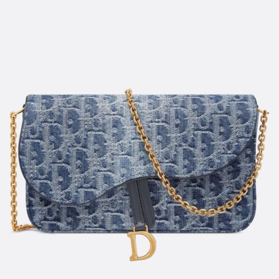 Migliore Repliche Borsa a Tracolla Dior Saddle Chain Jacquard Blu Denim Obliquo Economiche Outlet Online