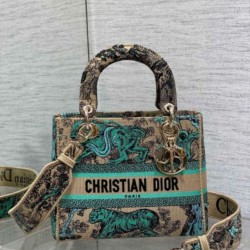 Miglior Falso Dior Dioriviera Lady D-Lite Medium Bag Raffia con ricamo Toile de Jouy Sauvage verde Economiche Premium