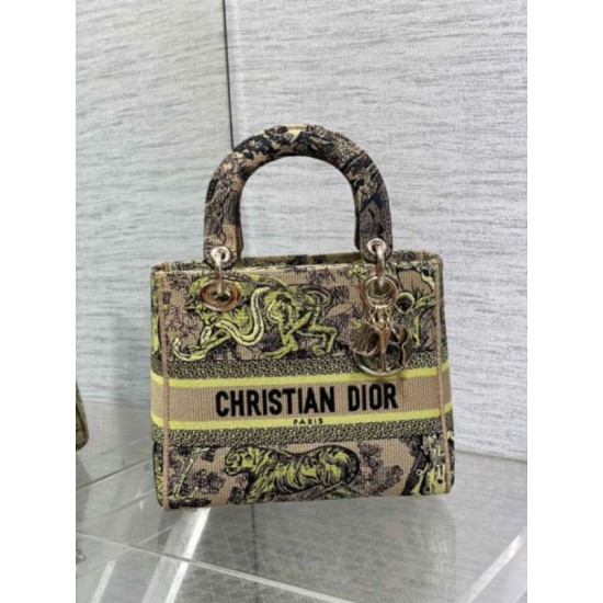 Migliore Repliche Borsa Dior Dioriviera Lady D-Lite Media Raffia con Ricamo Toile de Jouy Sauvage Lime Economiche Outlet Online