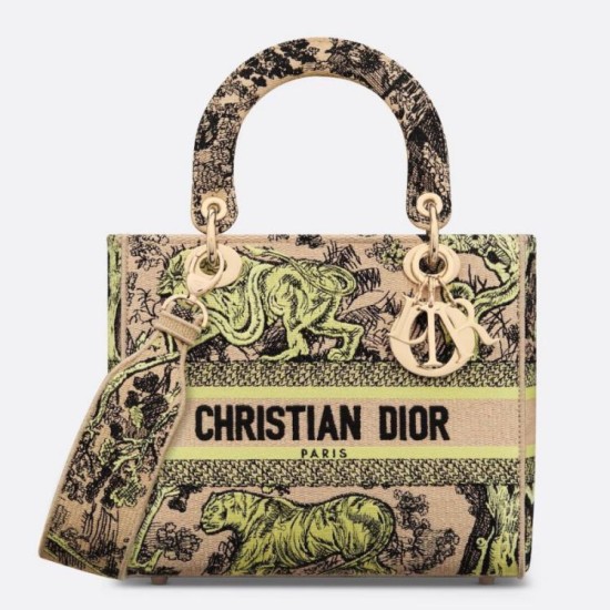 Migliore Repliche Borsa Dior Dioriviera Lady D-Lite Media Raffia con Ricamo Toile de Jouy Sauvage Lime Economiche Outlet Online