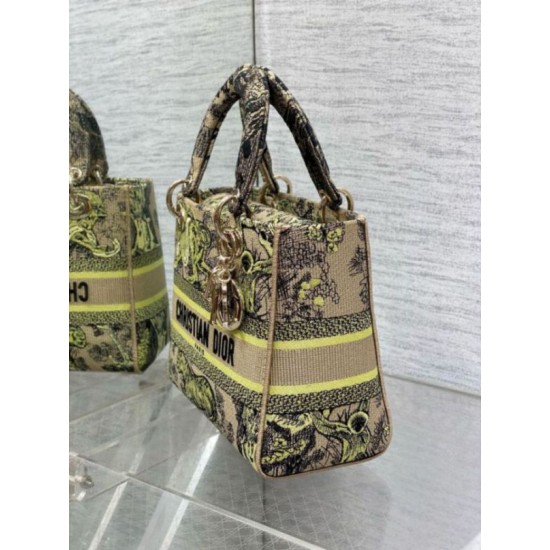 Migliore Repliche Borsa Dior Dioriviera Lady D-Lite Media Raffia con Ricamo Toile de Jouy Sauvage Lime Economiche Outlet Online