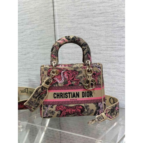 Replica perfetta Dior Dioriviera Lady D-Lite Medium Bag Raffia con ricamo Toile de Jouy Sauvage rosa Imitazione Outlet Online