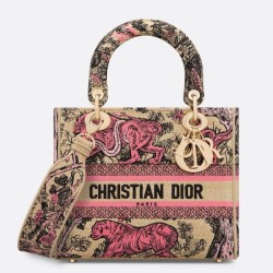 Replica perfetta Dior Dioriviera Lady D-Lite Medium Bag Raffia con ricamo Toile de Jouy Sauvage rosa Imitazione Outlet Online